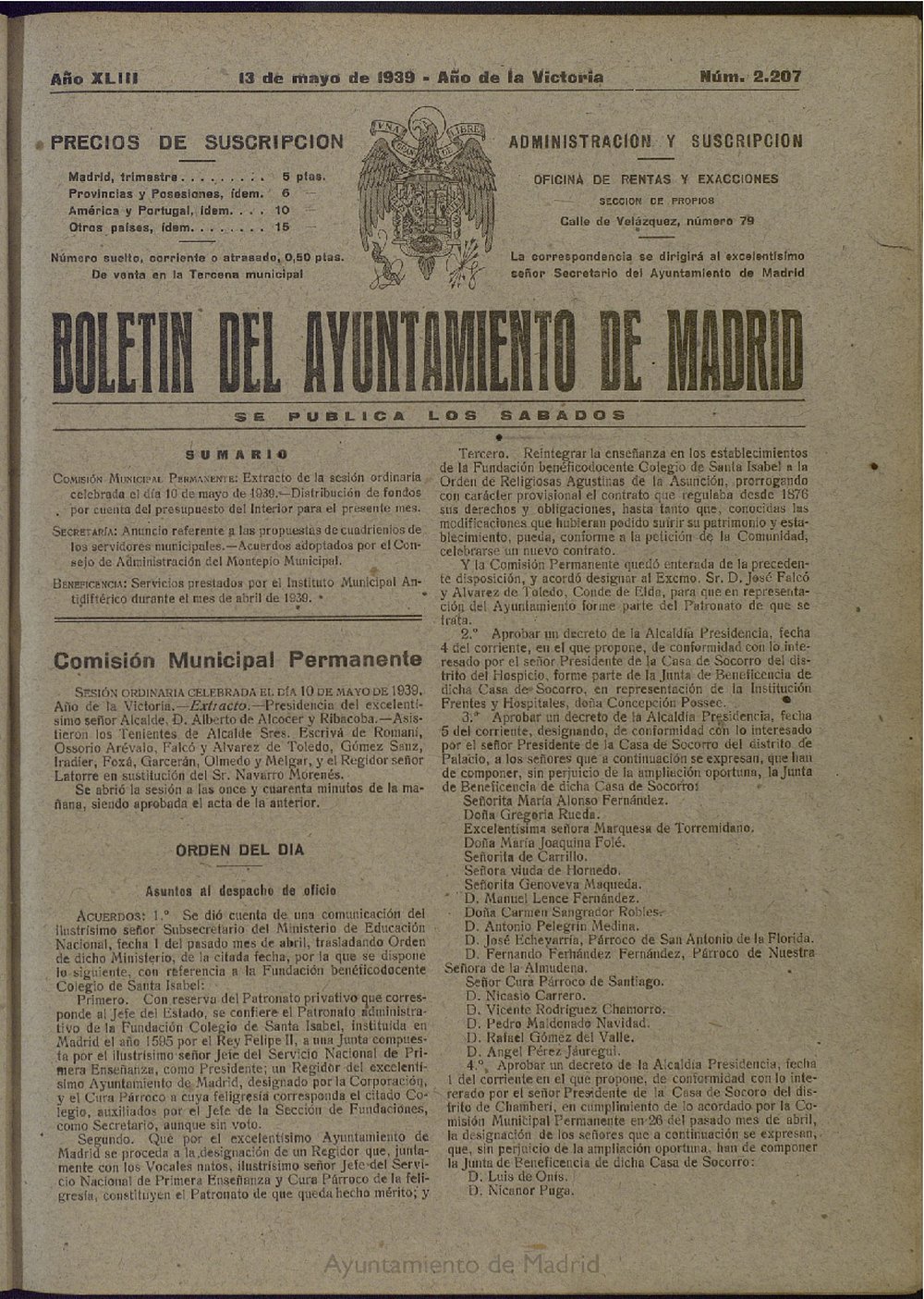 Boletn Oficial del Ayuntamiento de Madrid del 13 de mayo de 1939, n 2207