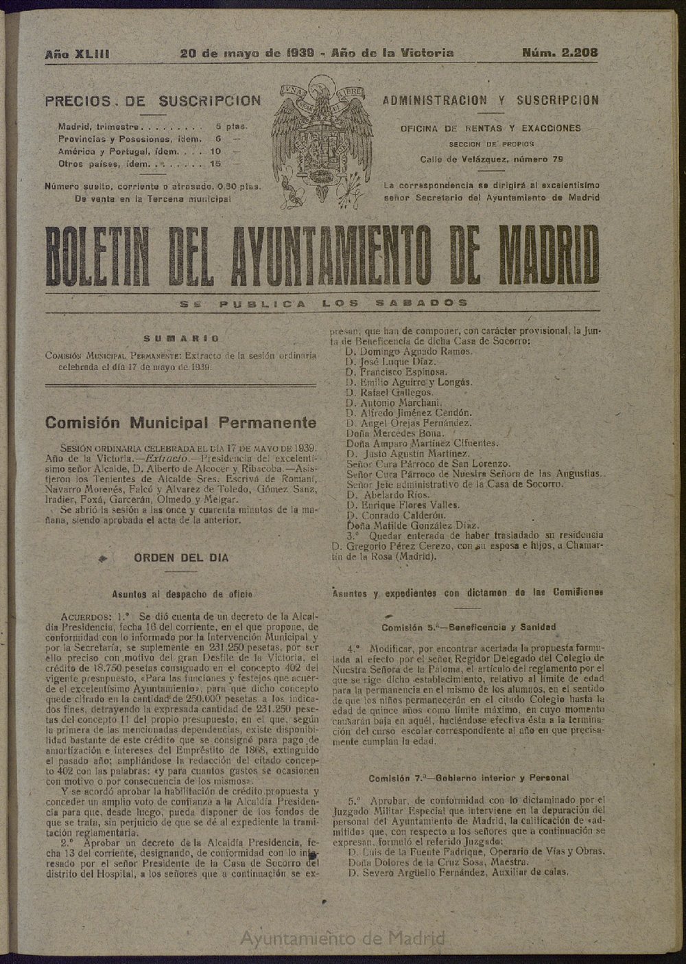 Boletín Oficial del Ayuntamiento de Madrid del 20 de mayo de 1939, nº 2208