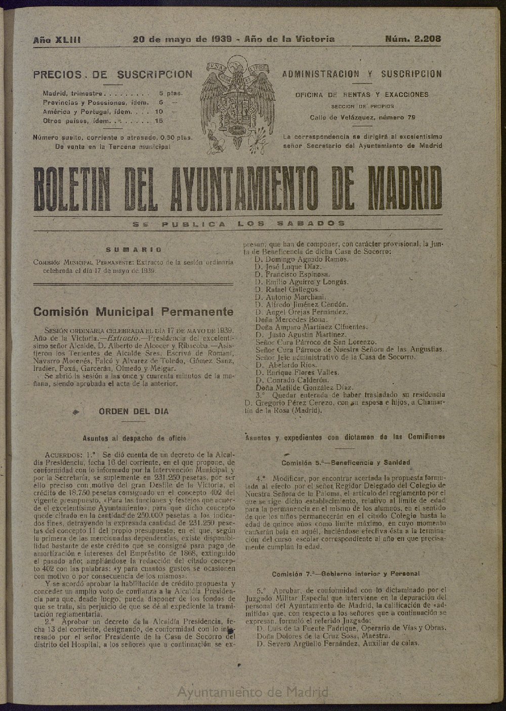 Boletn Oficial del Ayuntamiento de Madrid del 20 de mayo de 1939, n 2208