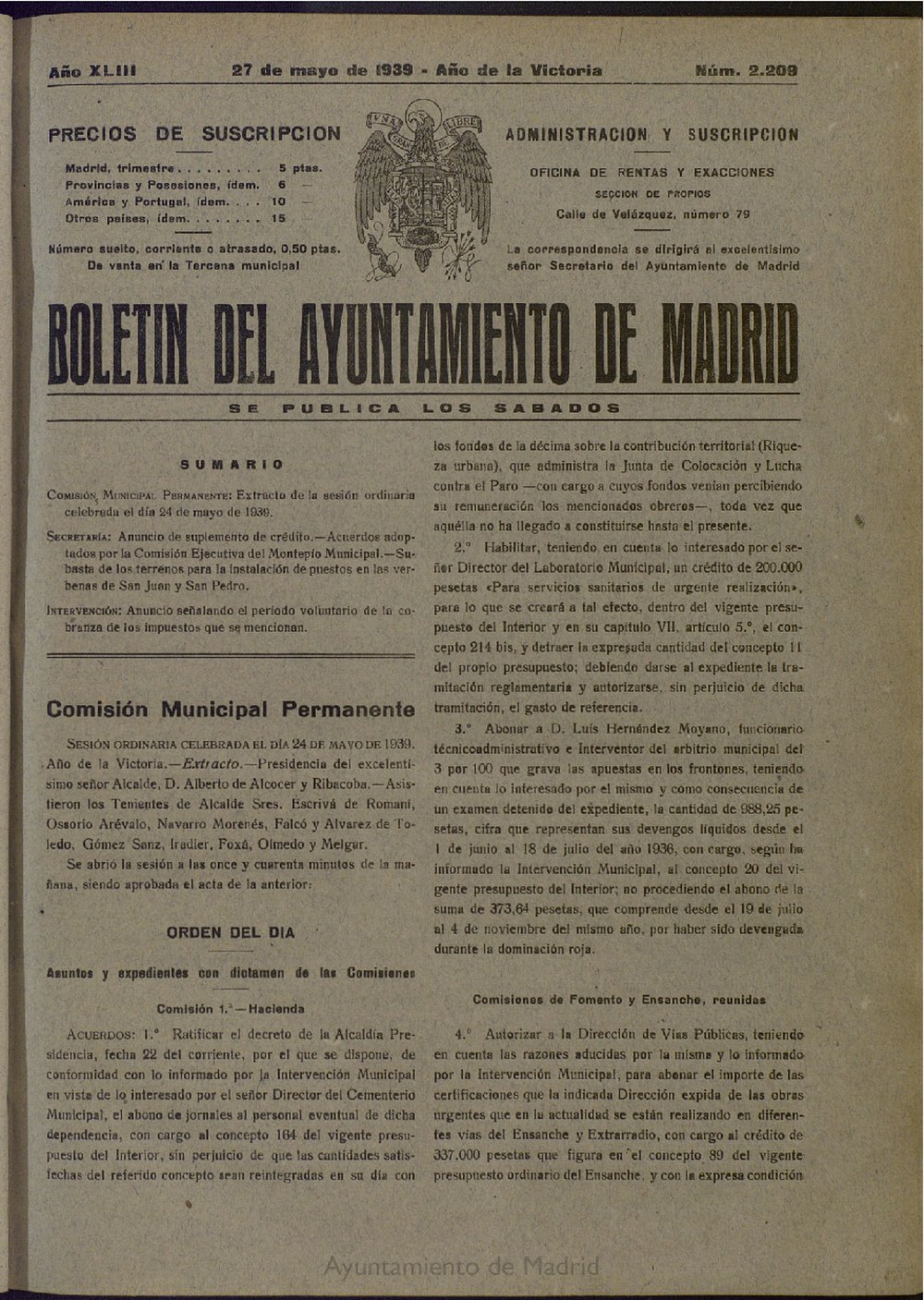 Boletín Oficial del Ayuntamiento de Madrid del 27 de mayo de 1939, nº 2209