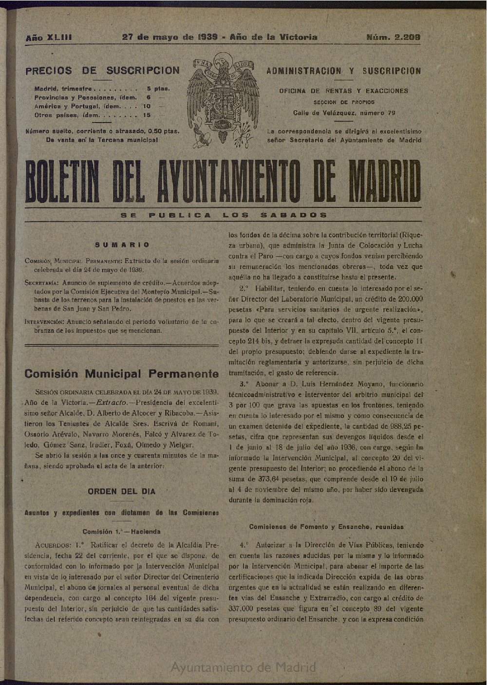 Boletn Oficial del Ayuntamiento de Madrid del 27 de mayo de 1939, n 2209