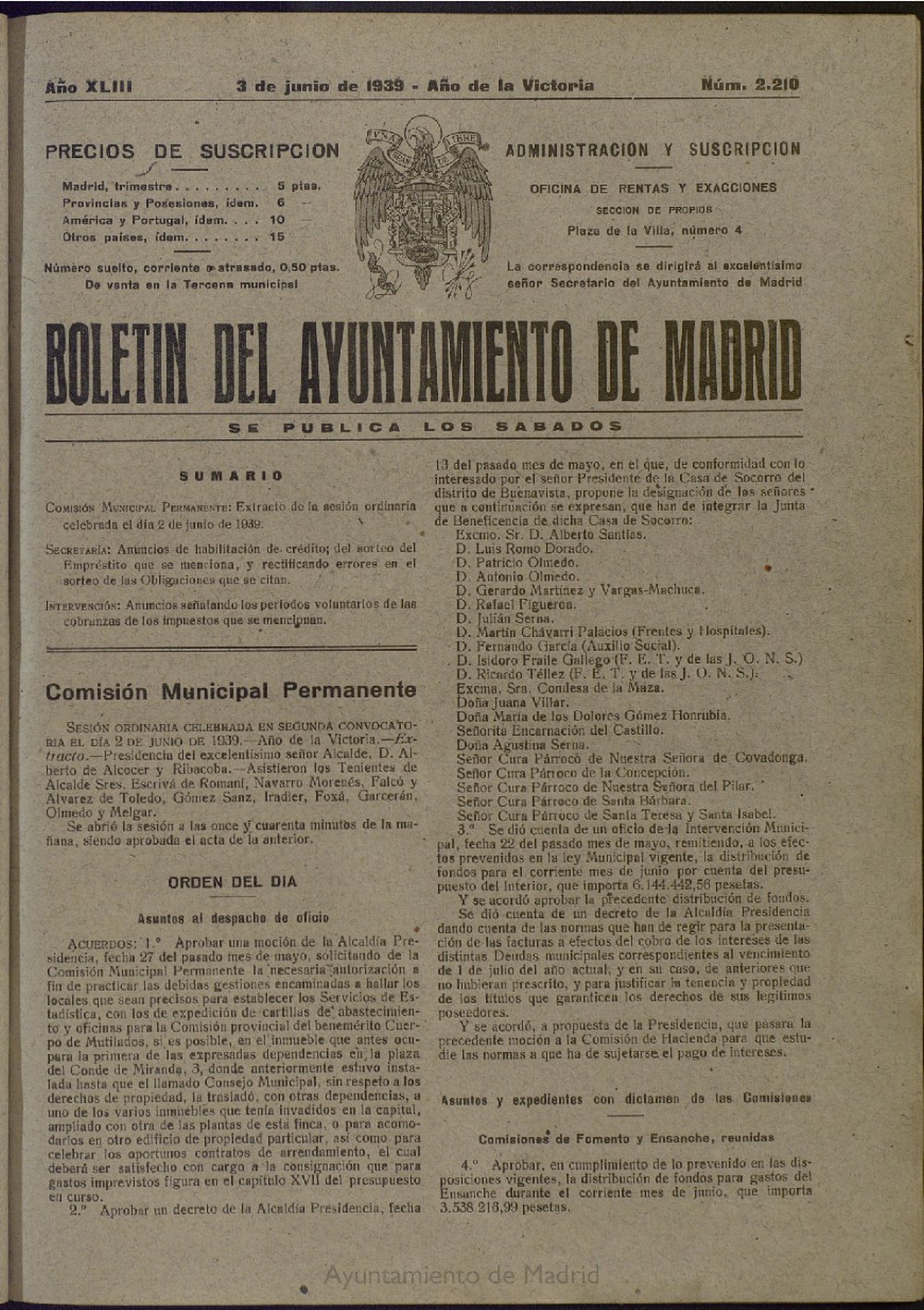 Boletín Oficial del Ayuntamiento de Madrid del 3 de junio de 1939, nº 2210