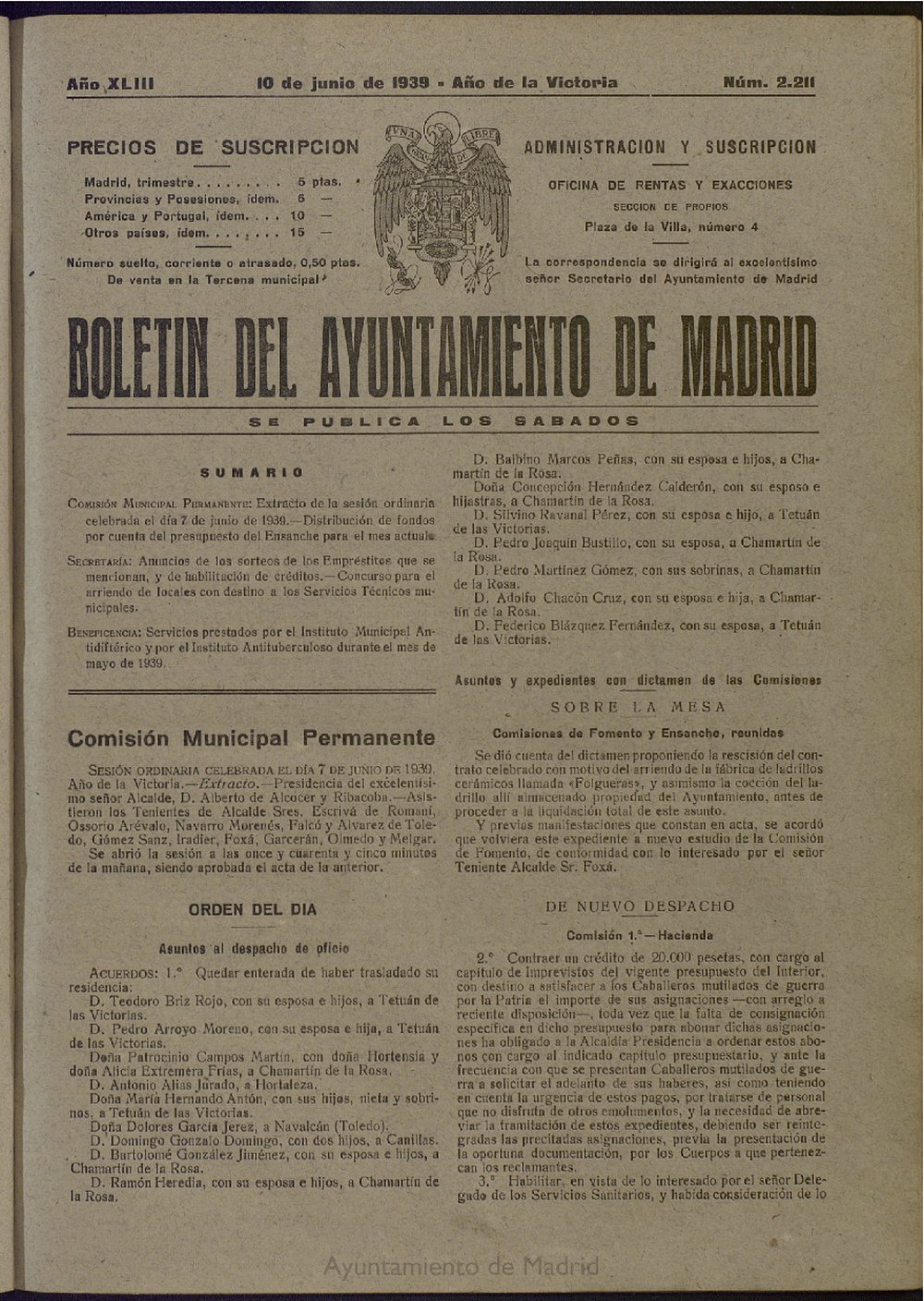 Boletín Oficial del Ayuntamiento de Madrid del 10 de junio de 1939, nº 2211