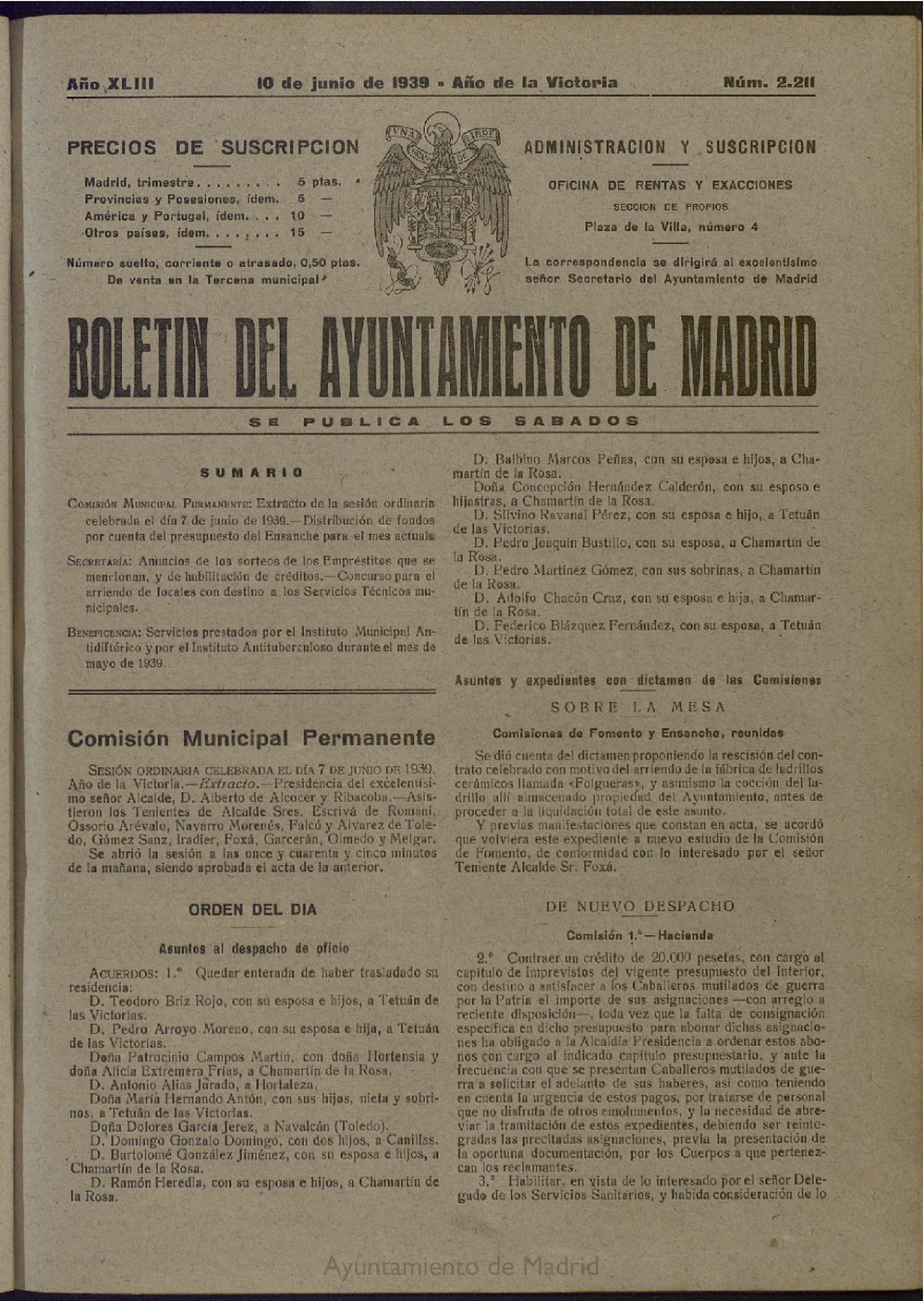 Boletn Oficial del Ayuntamiento de Madrid del 10 de junio de 1939, n 2211