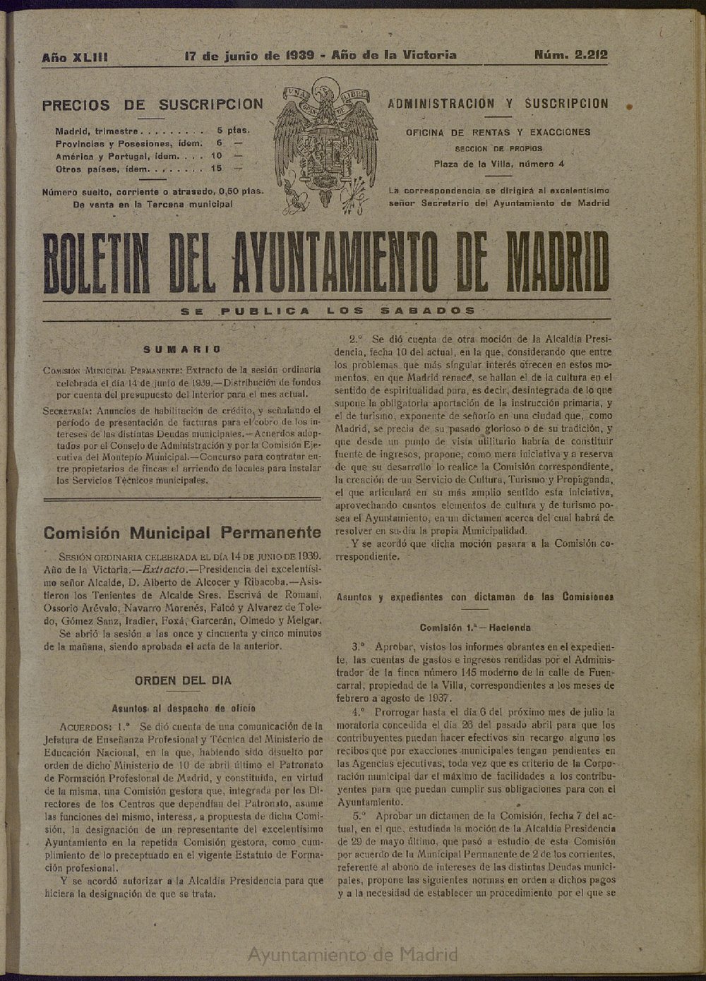 Boletín Oficial del Ayuntamiento de Madrid del 17 de junio de 1939, nº 2212