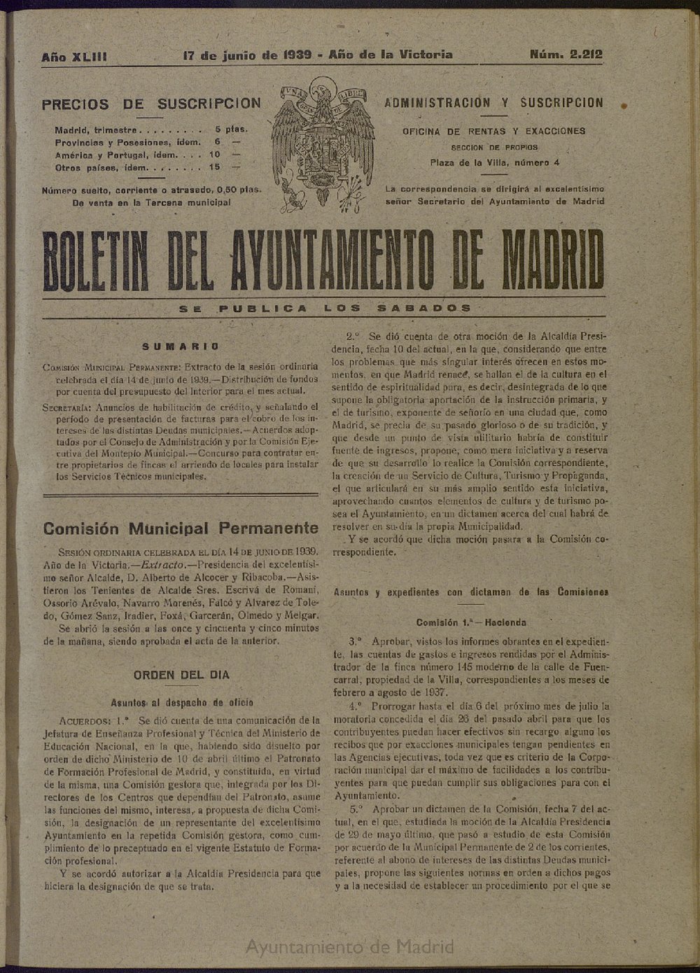 Boletn Oficial del Ayuntamiento de Madrid del 17 de junio de 1939, n 2212