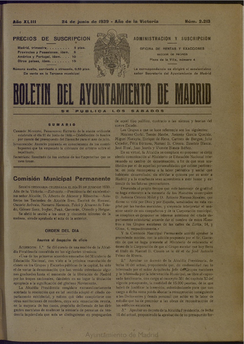 Boletín Oficial del Ayuntamiento de Madrid del 24 de junio de 1939, nº 2213