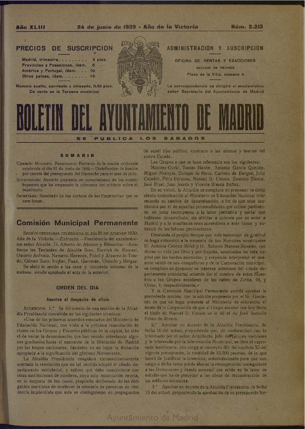 Boletn Oficial del Ayuntamiento de Madrid del 24 de junio de 1939, n 2213