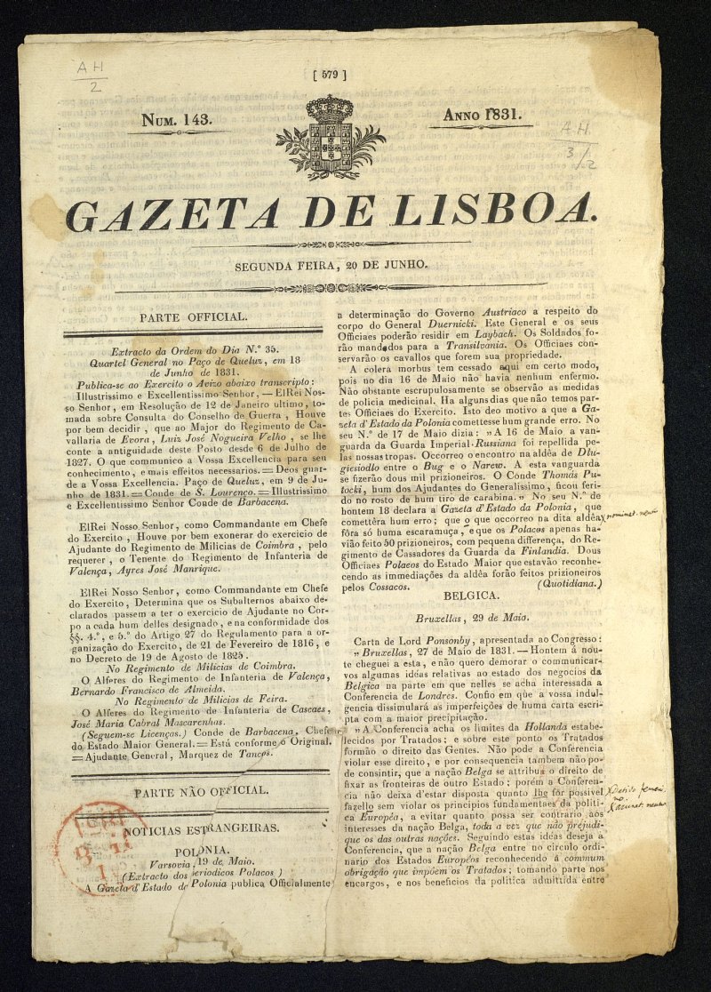 Gazeta de Lisboa del 20 de junio del 1831, N 143