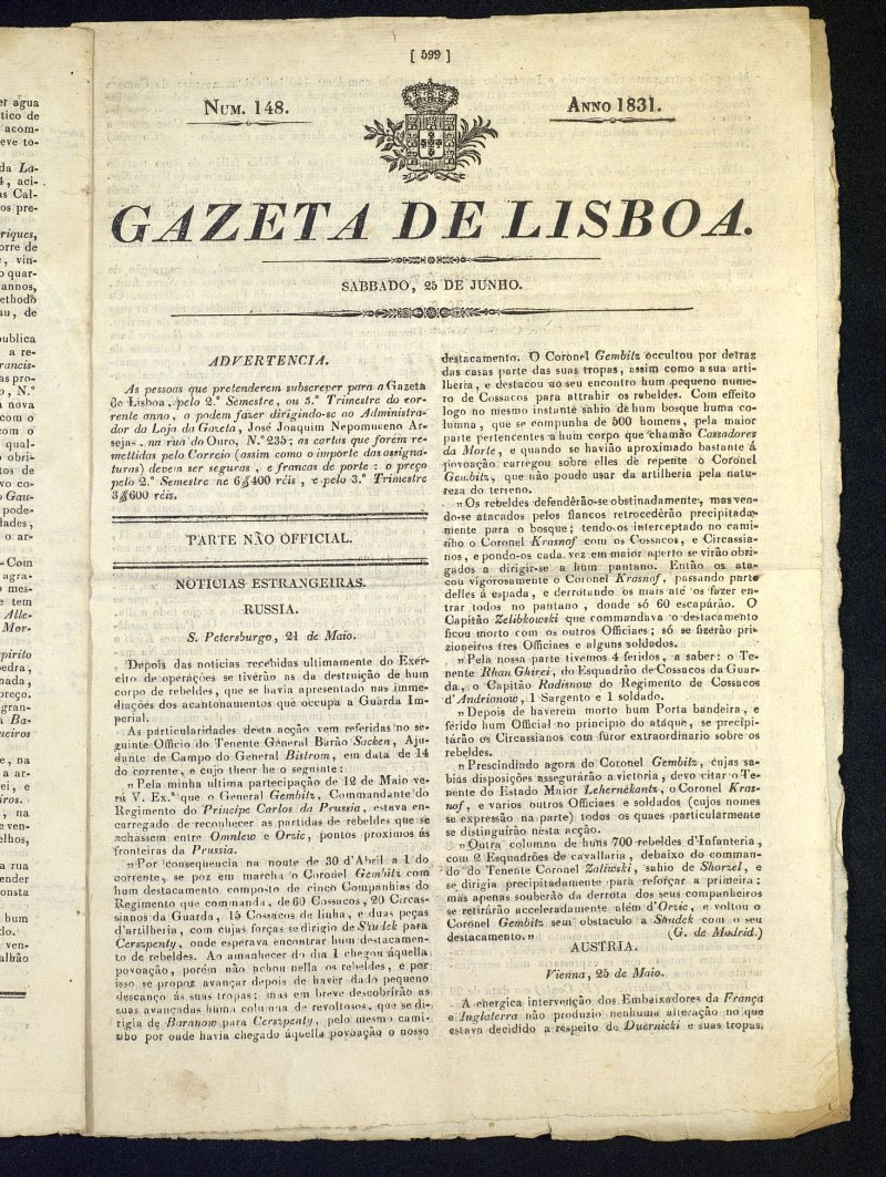 Gazeta de Lisboa del 25 de junio de 1831, N 148