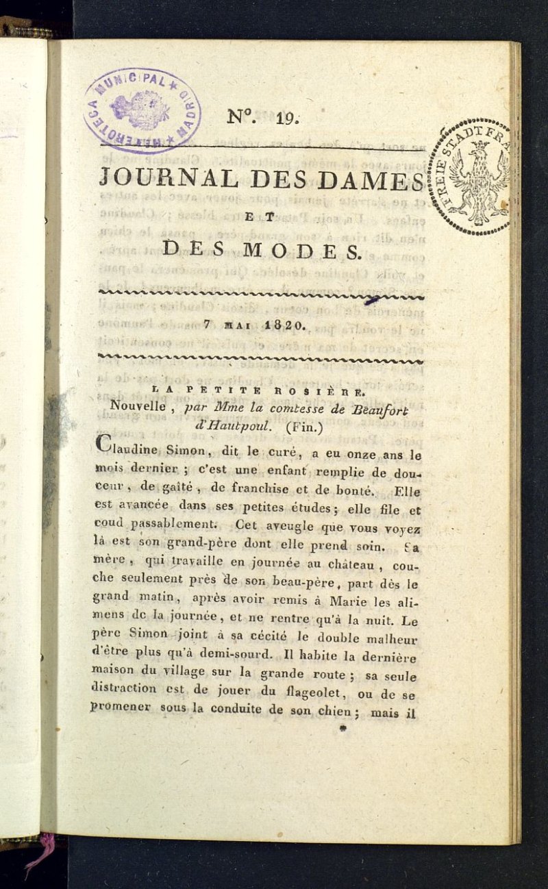 Journal des dames et des modes del 7 de mayo de 1820, n 19