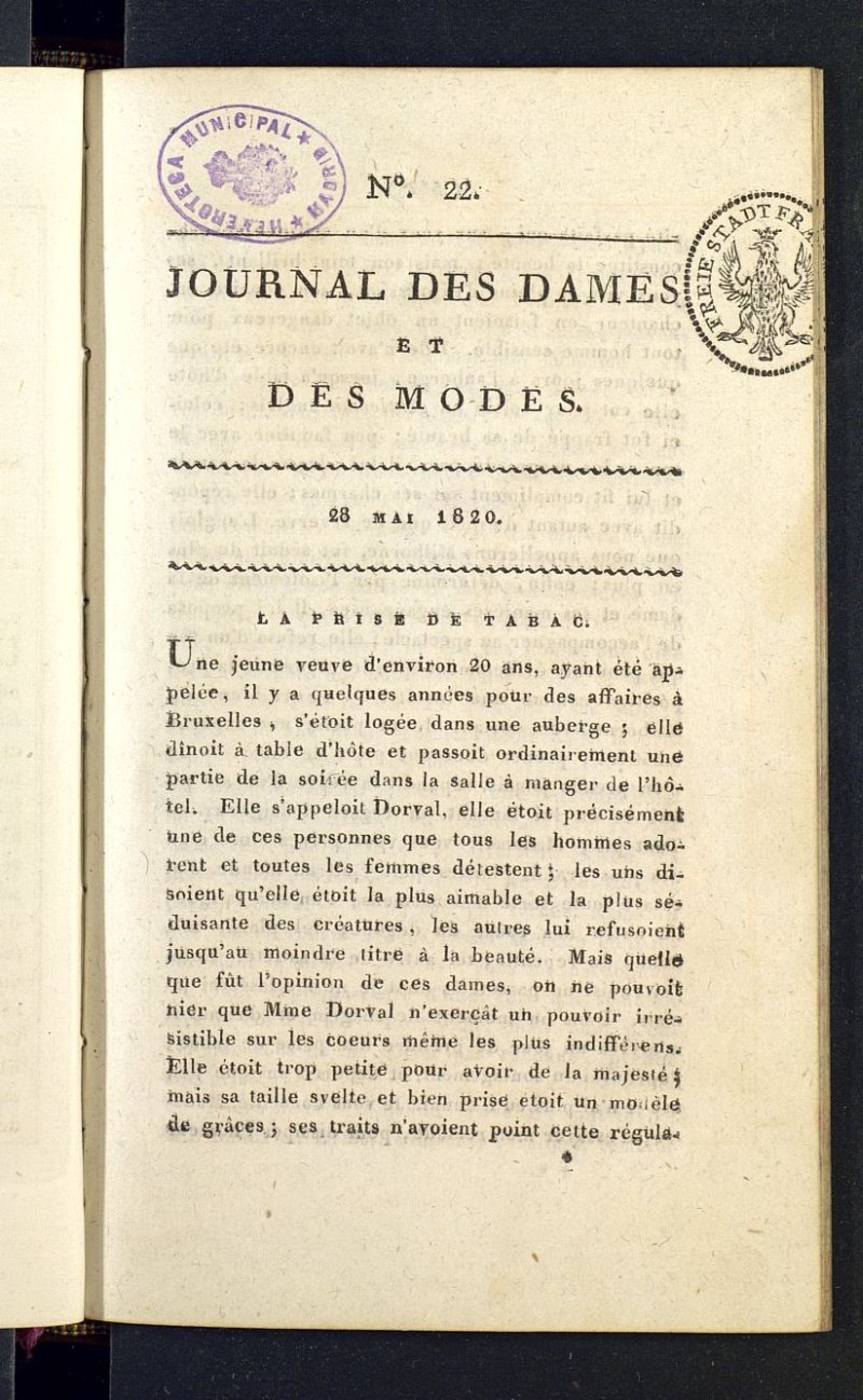 Journal des dames et des modes del 28 de mayo de 1820, n 22