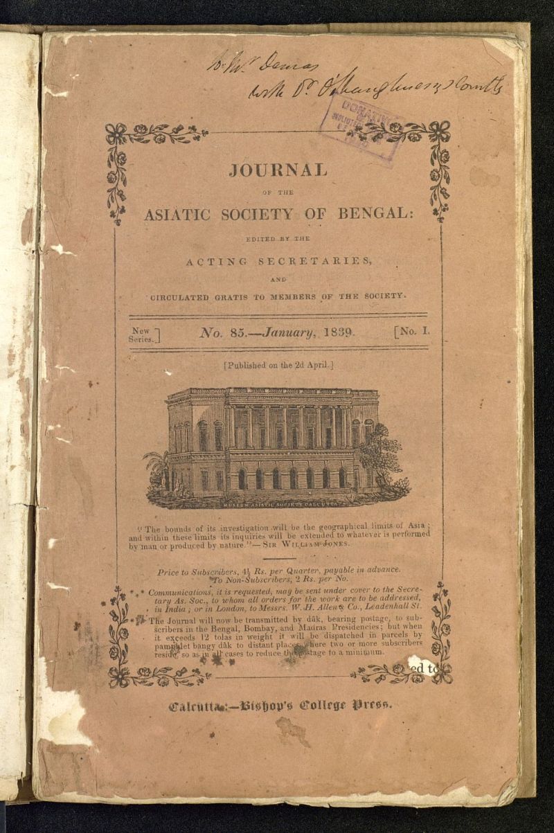 Journal of the Asiatic Society of Bengal de enero de 1839, n 85
