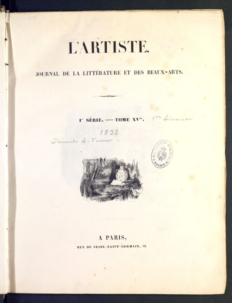 LArtiste : journal de la littrature et des beaux-arts de 1838. 1 Serie. Tomo XV