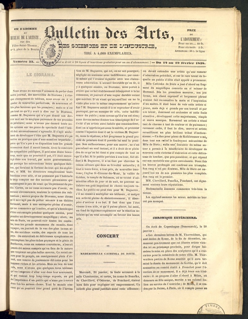 Bulletin des Arts, des Science et de lIndustrie del 12 de febrero de 1838, n 33