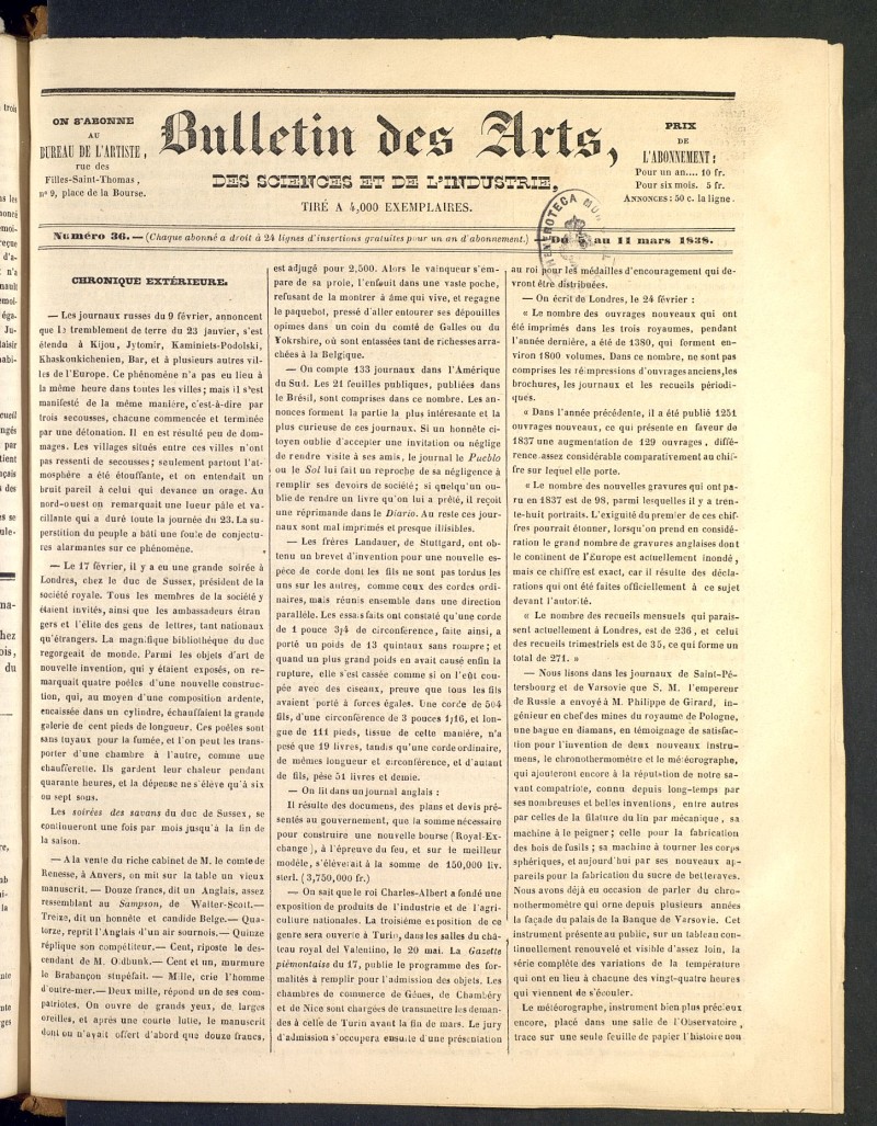 Bulletin des Arts, des Science et de lIndustrie del 5 de marzo de 1838, n 36