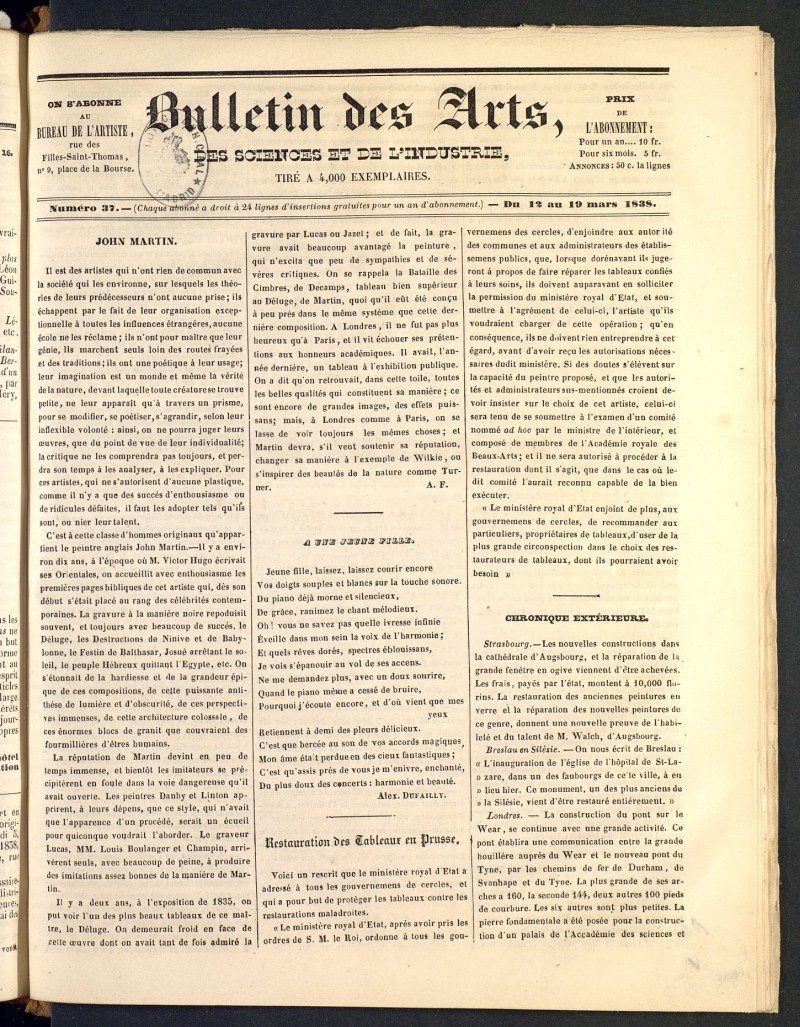 Bulletin des Arts, des Science et de lIndustrie del 12 de marzo de 1838, n 37