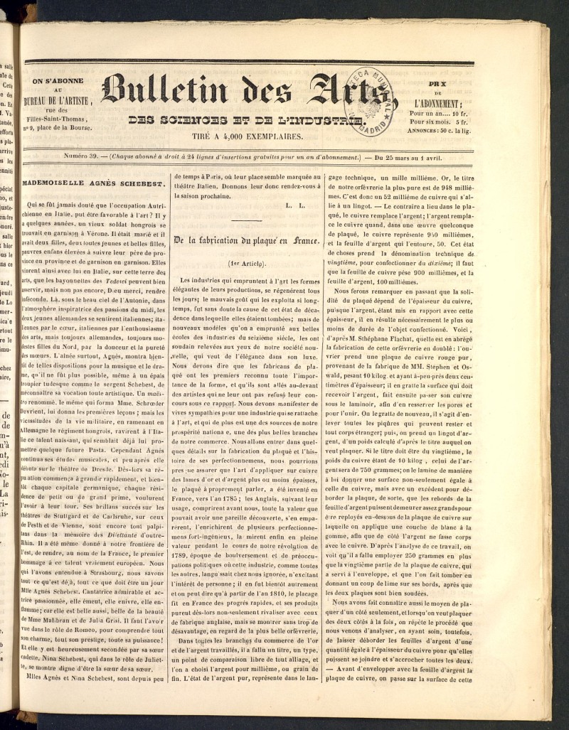 Bulletin des Arts, des Science et de lIndustrie del 25 de marzo de 1838, n 39