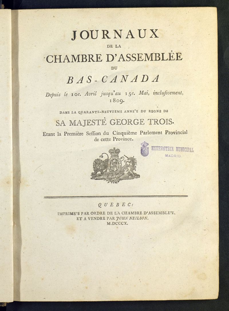 Journals of the House of Assembly of Lower de 1809