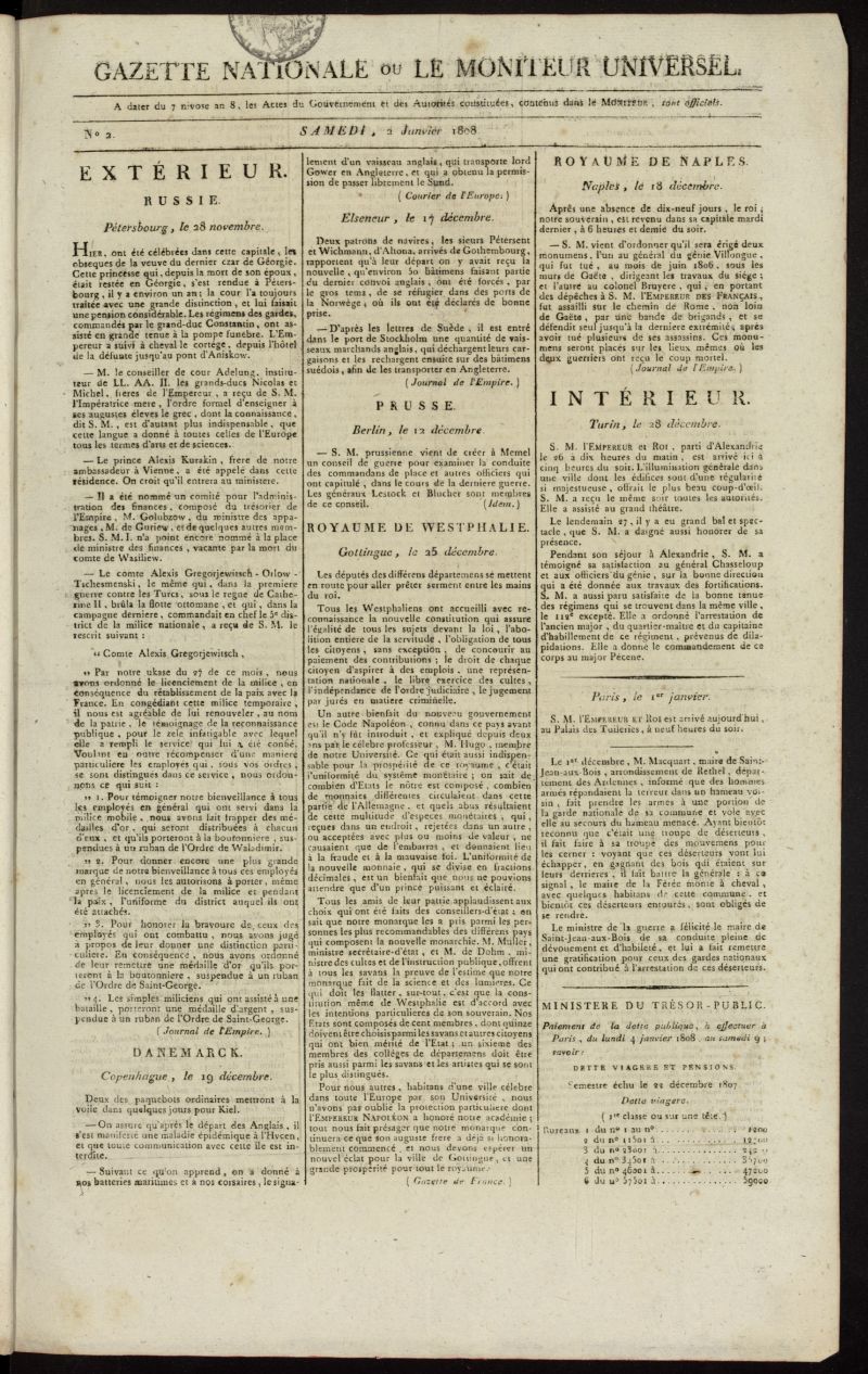 Gazette Nationale ou le Moniteur Universel del 2 de enero de 1808, n 2