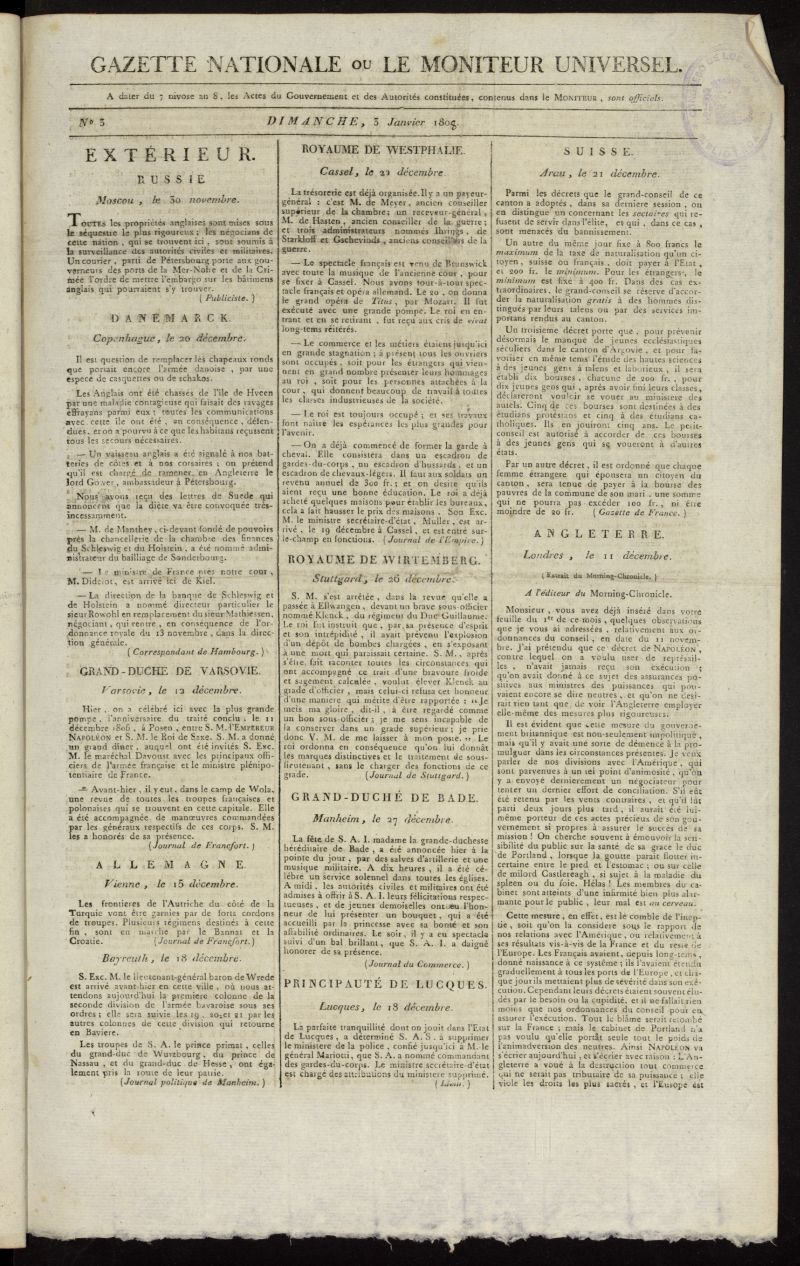 Gazette Nationale ou le Moniteur Universel del 3 de enero de 1808, n 3