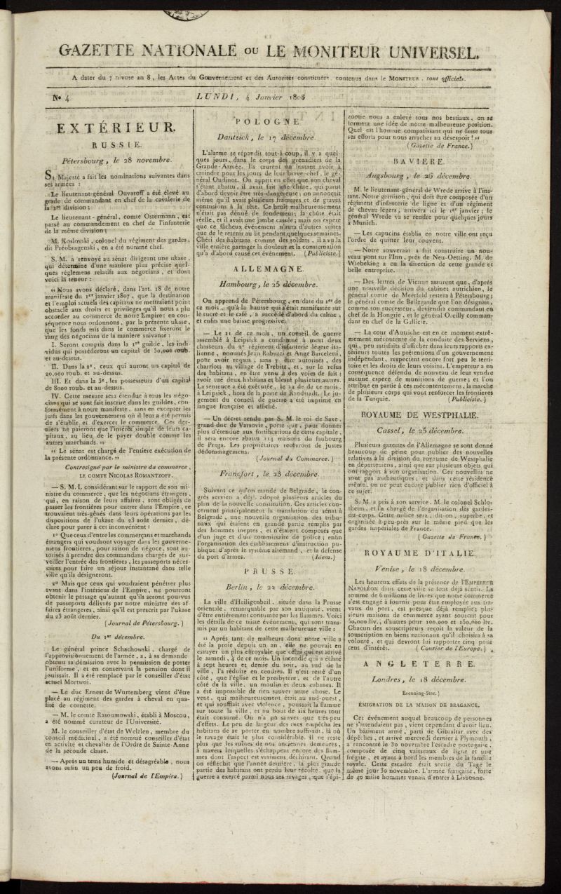 Gazette Nationale ou le Moniteur Universel del 4 de enero de 1808, n 4