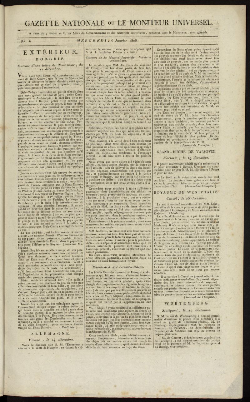 Gazette Nationale ou le Moniteur Universel del 6 de enero de 1808, n 6