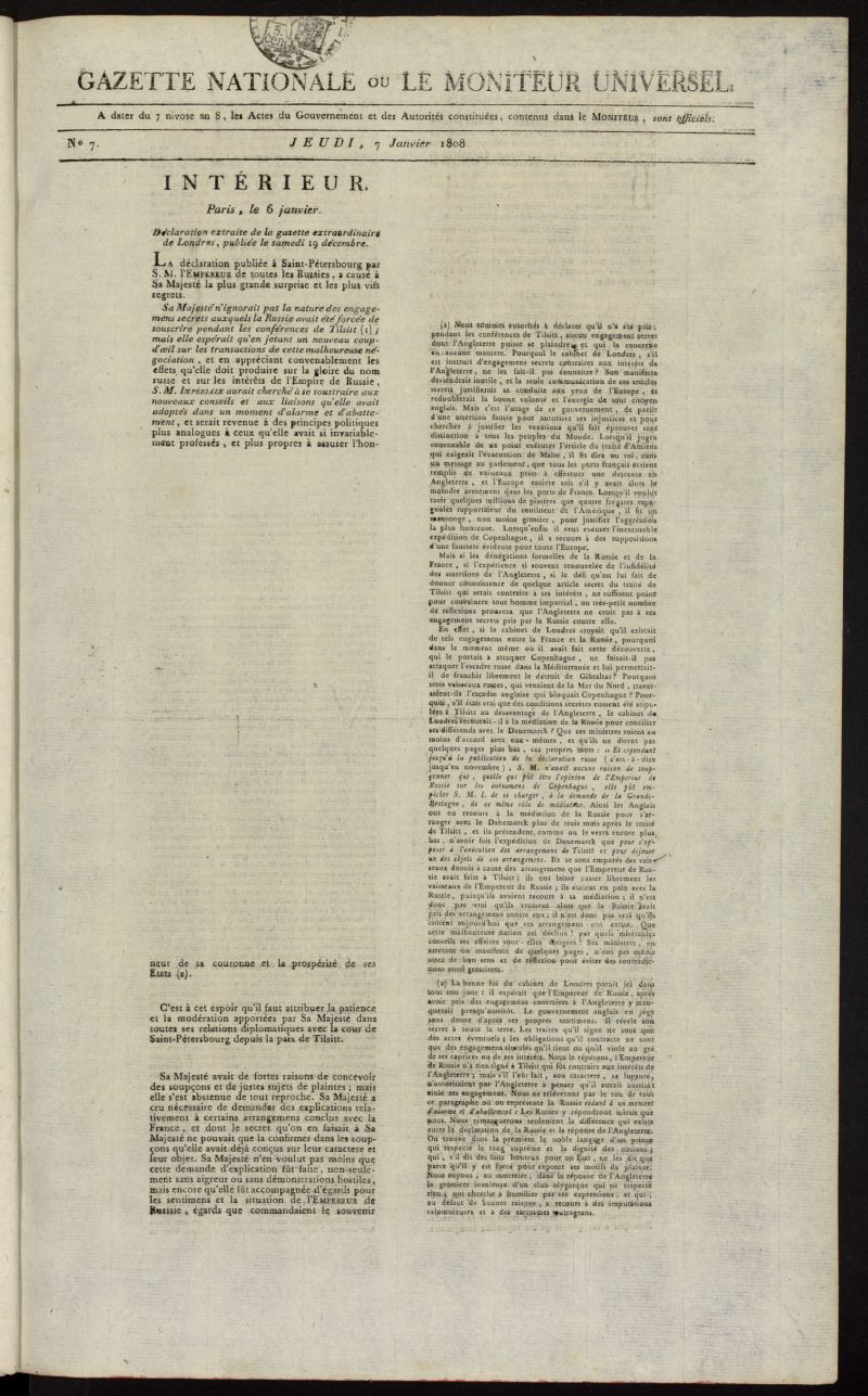 Gazette Nationale ou le Moniteur Universel del 7 de enero de 1808, n 7