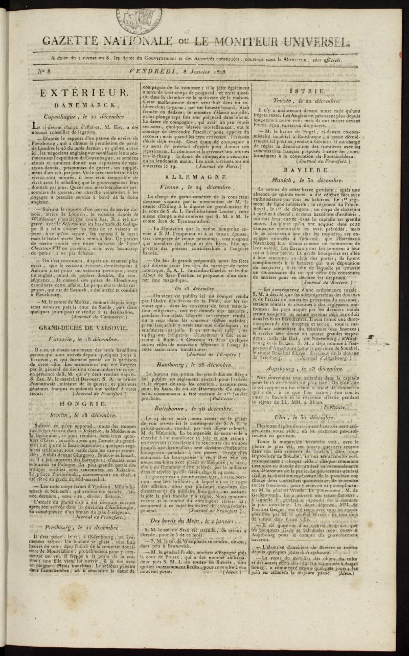 Gazette Nationale ou le Moniteur Universel del 8 de enero de 1808, n 8