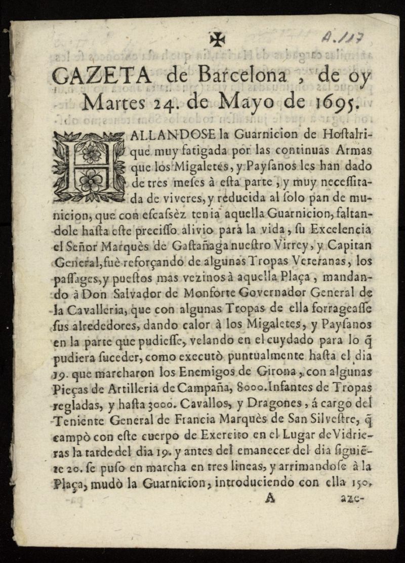 Gazeta de barcelona del 24 de mayo de 1695