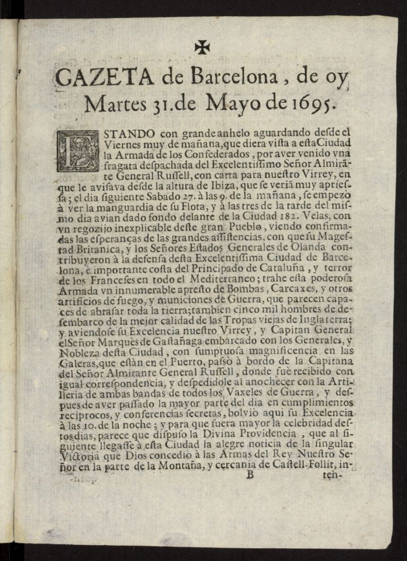 Gazeta de barcelona del 31 de mayo de 1695
