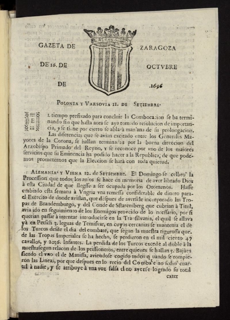 Gazeta de Zaragoza del 16 de octubre de 1696