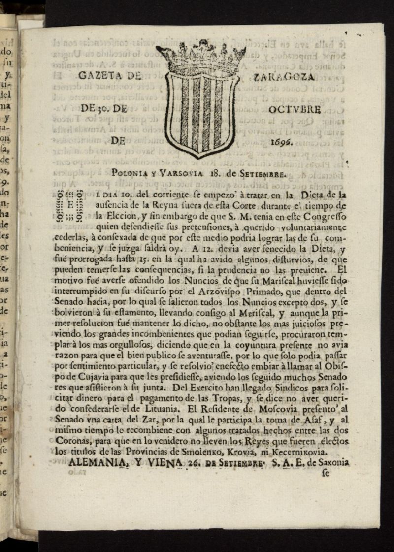 Gazeta de Zaragoza del 30 de octubre de 1696