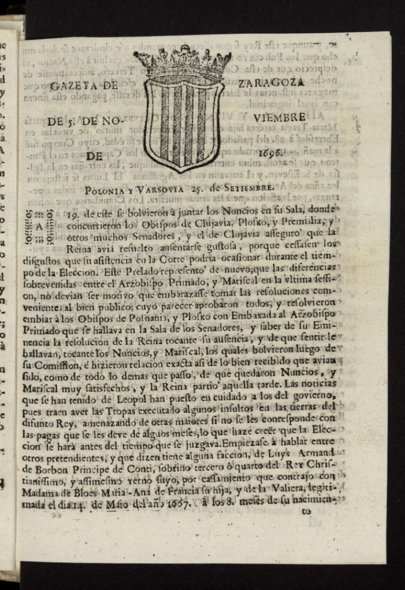 Gazeta de Zaragoza del 5 de noviembre de 1696