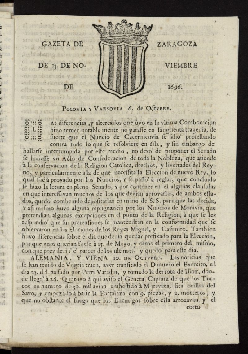 Gazeta de Zaragoza del 13 de noviembre de 1696