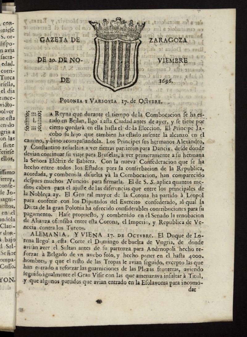 Gazeta de Zaragoza del 20 de noviembre de 1696