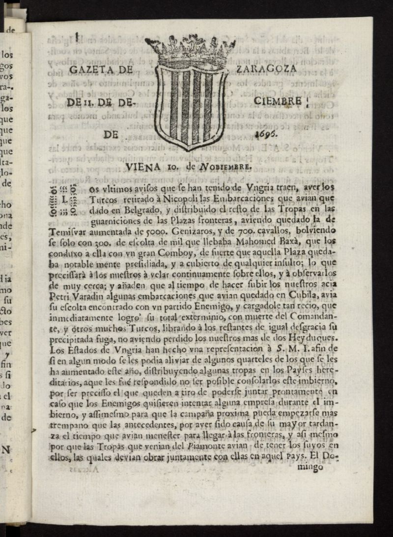 Gazeta de Zaragoza del 11 de diciembre de 1696