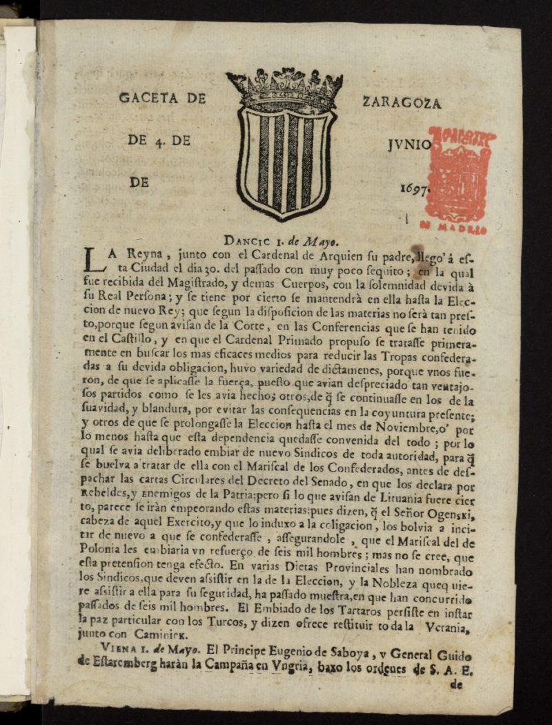 Gazeta de Zaragoza del 4 de junio de 1697