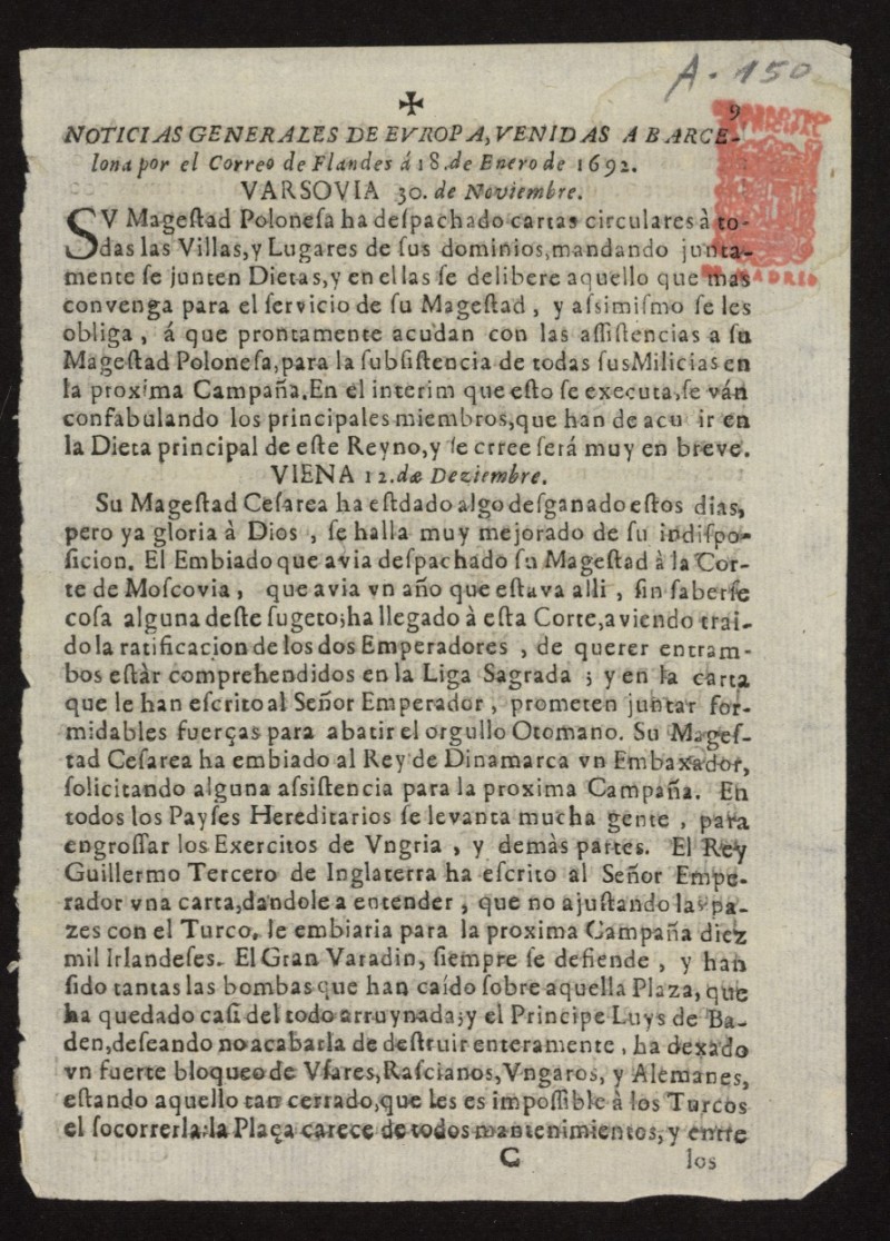 Noticias Generales de Europa, venidas a Barcelona por el correo de Flandes del 18 de enero de 1692