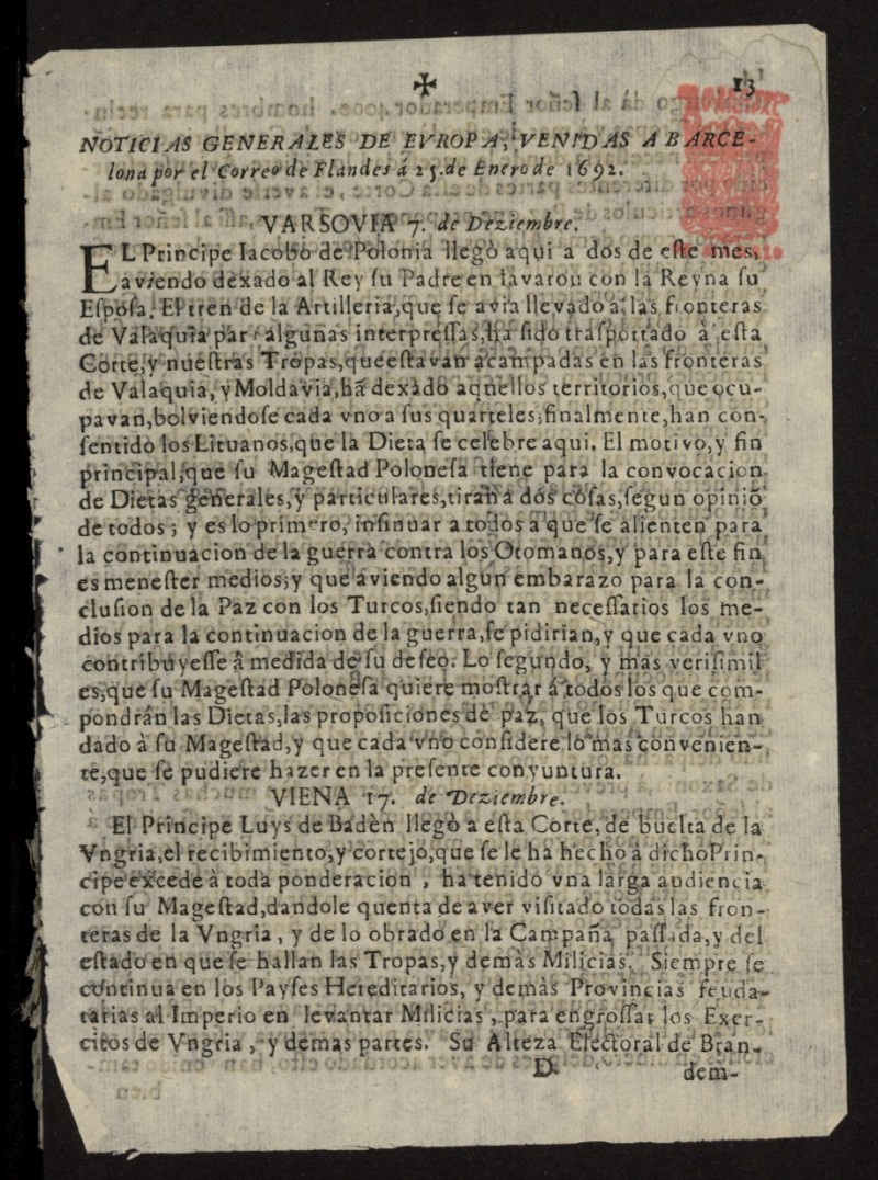 Noticias Generales de Europa, venidas a Barcelona por el correo de Flandes del 25 de enero de 1692