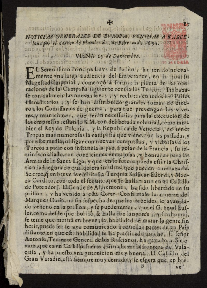 Noticias Generales de Europa, venidas a Barcelona por el correo de Flandes del 1 de febrero de 1692