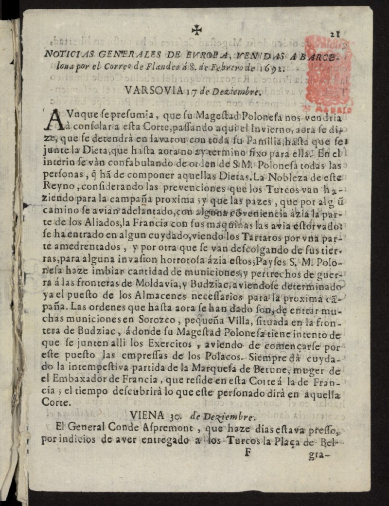 Noticias Generales de Europa, venidas a Barcelona por el correo de Flandes del 8 de febrero de 1692