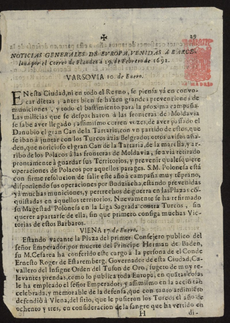 Noticias Generales de Europa, venidas a Barcelona por el correo de Flandes del 29 de febrero de 1692