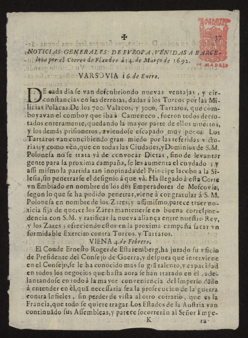 Noticias Generales de Europa, venidas a Barcelona por el correo de Flandes del 14 de marzo de 1692