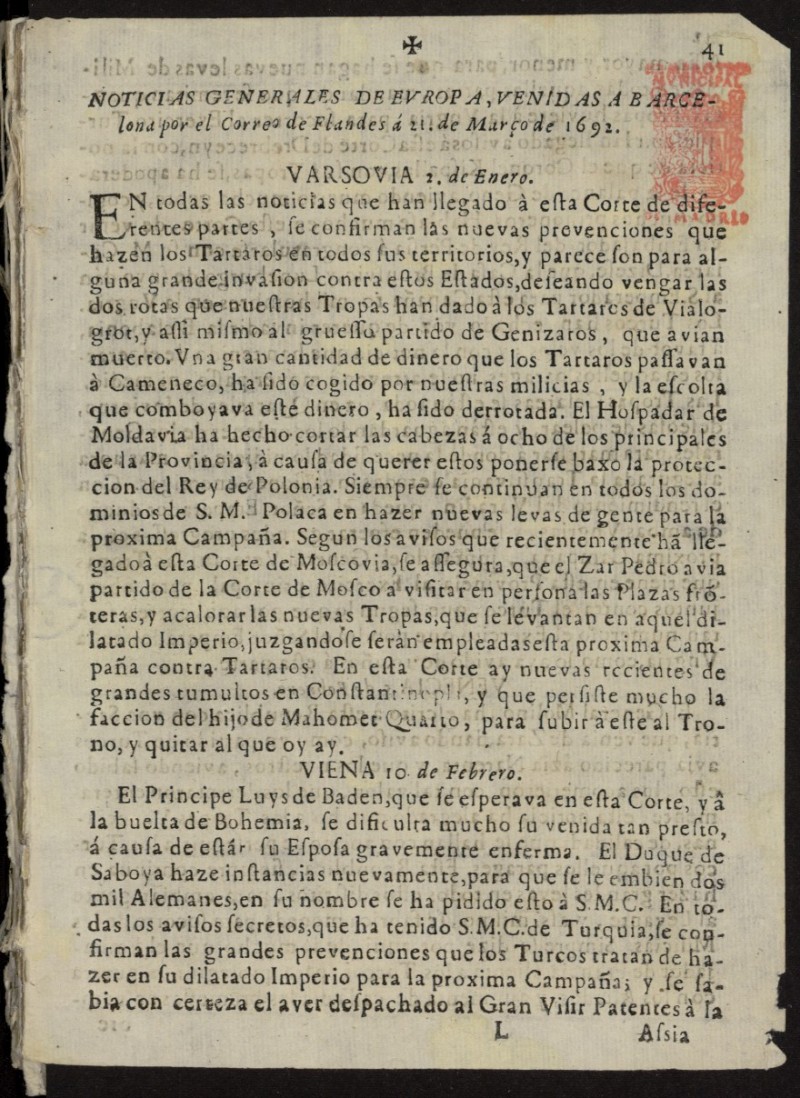 Noticias Generales de Europa, venidas a Barcelona por el correo de Flandes del 21 de marzo de 1692