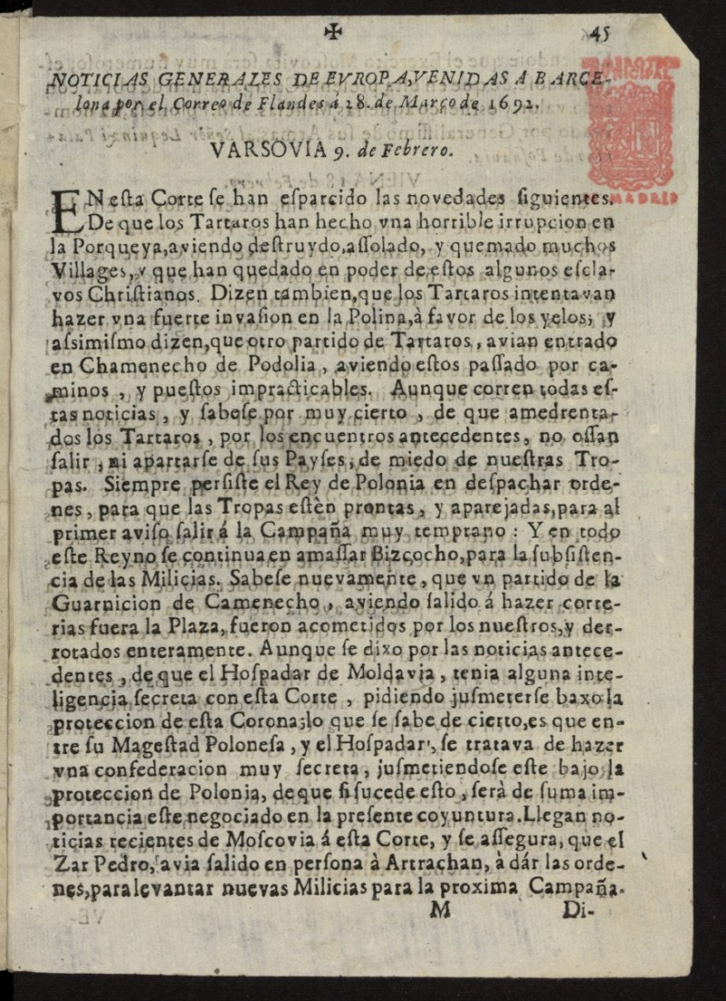 Noticias Generales de Europa, venidas a Barcelona por el correo de Flandes del 28 de marzo de 1692