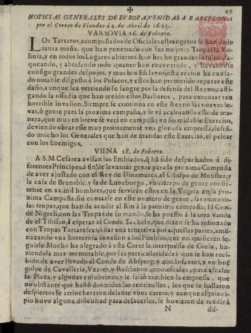 Noticias Generales de Europa, venidas a Barcelona por el correo de Flandes del 4 de abril de 1692