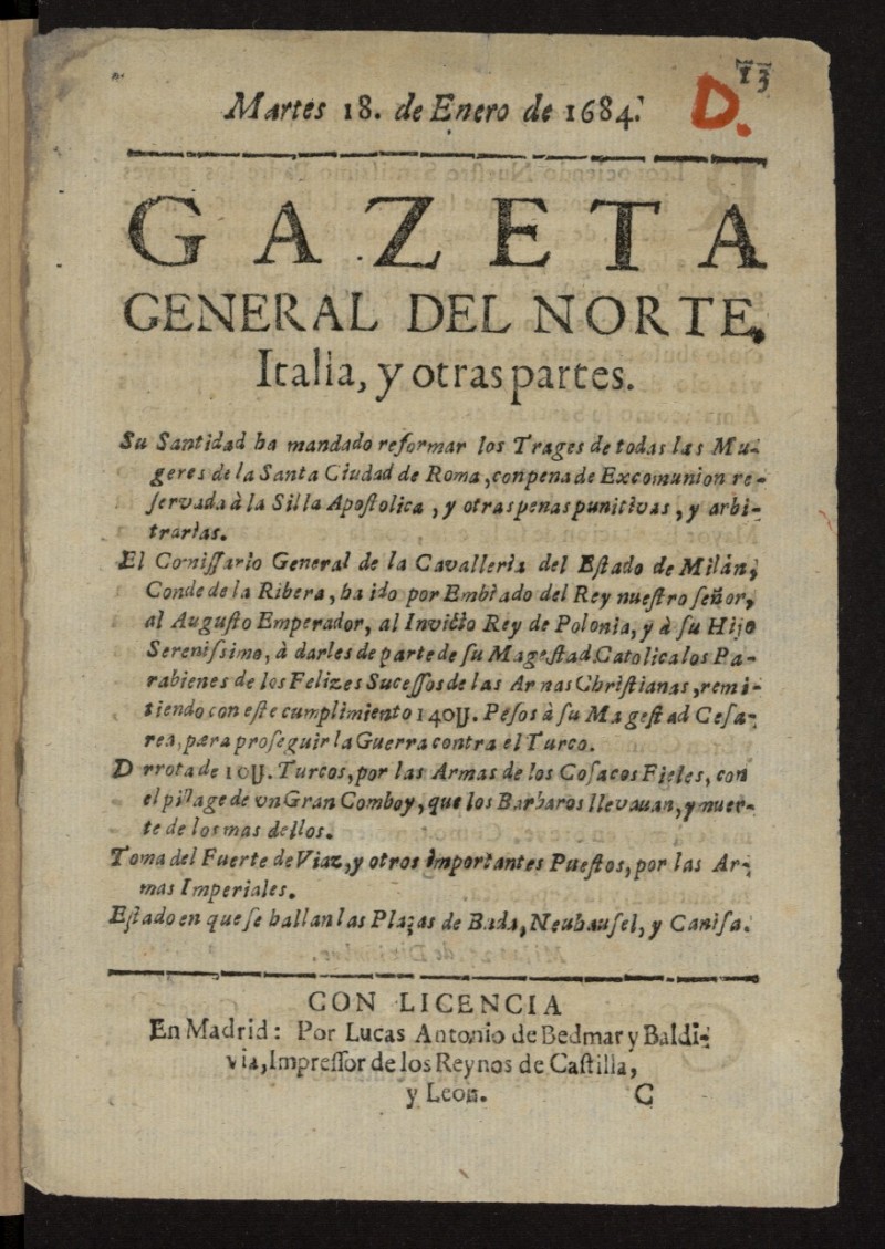 Gazeta General del Norte, Italia, y Otras Partes del 18 de enero de 1684