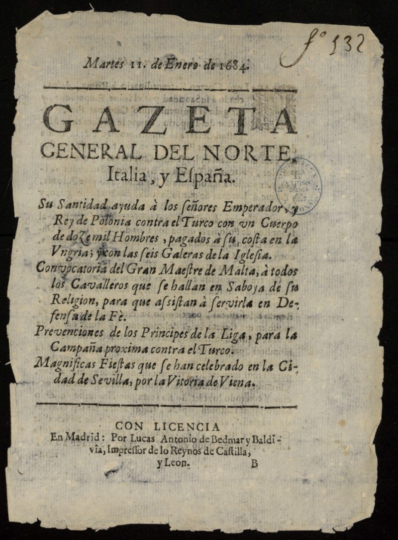 Gazeta General del Norte, Italia, y Otras Partes del 11 de enero de 1684