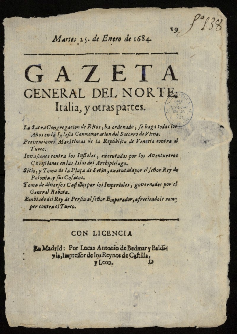 Gazeta General del Norte, Italia, y Otras Partes del 25 de enero de 1684